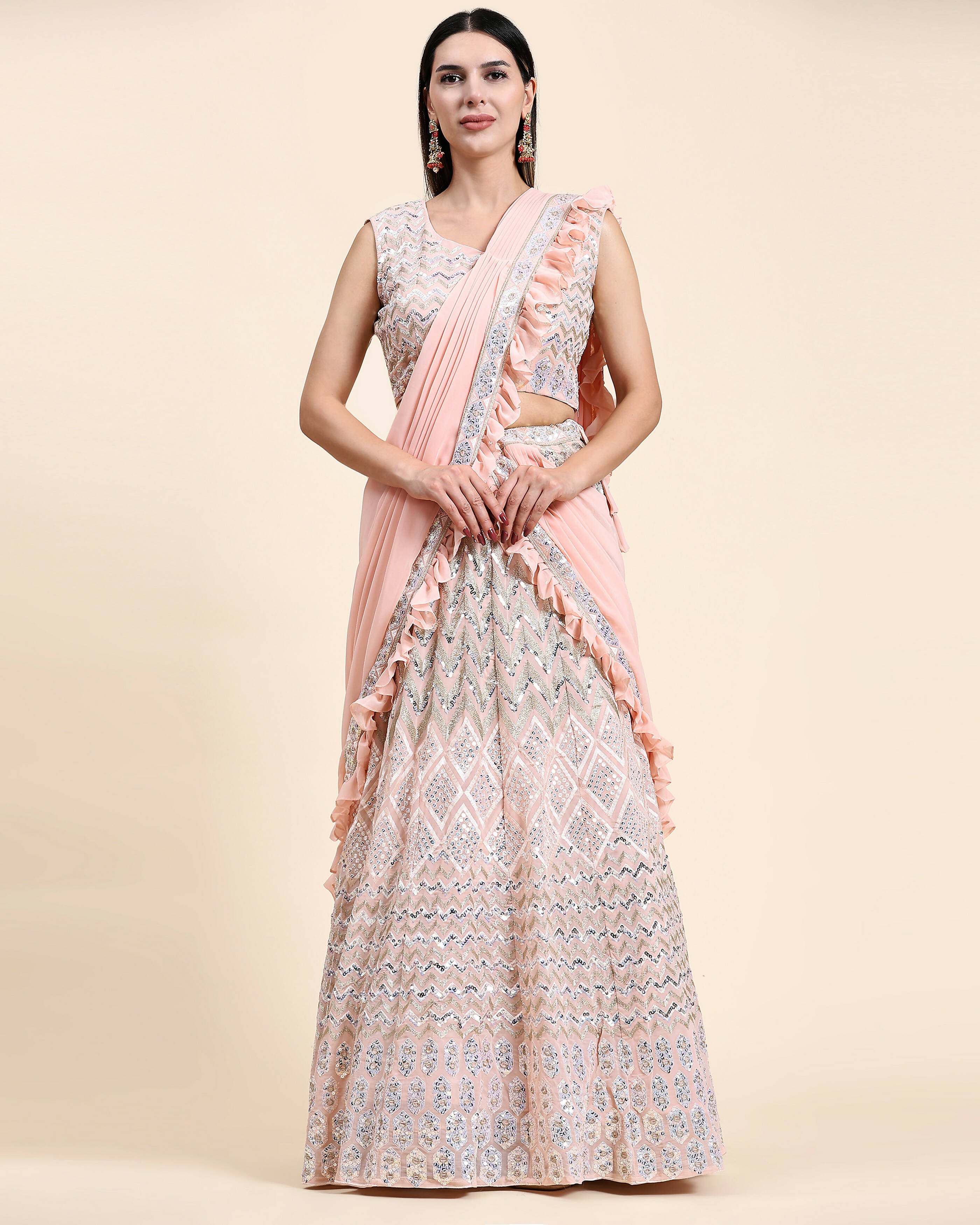 Peach Pure Viscose Georgette Thread With Sequins Embroidery Work Lehenga Choli With Dupatta - Tanya - Distacart