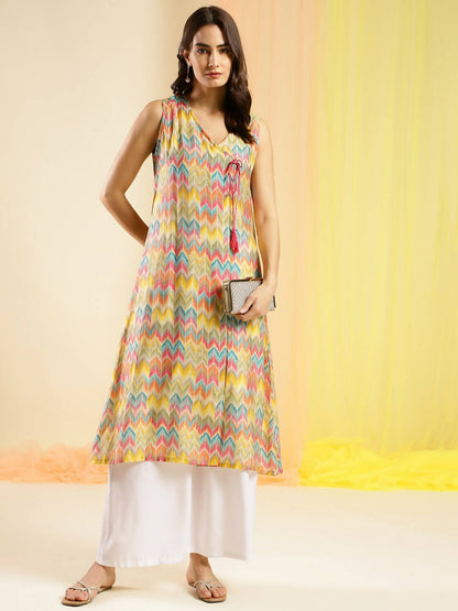 Women Multicolor Angrakha Poly Chanderi Printed Kurta - Shurma - Distacart