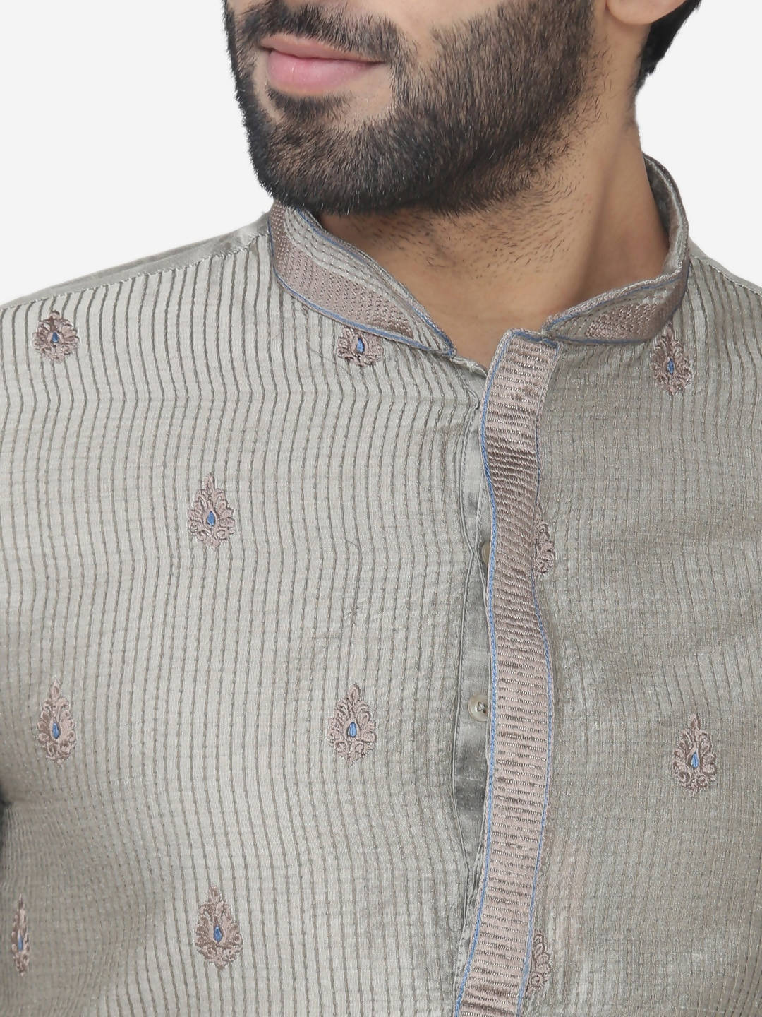 Manyavar Men Grey & White Embroidered Kurta with Churidar - Distacart