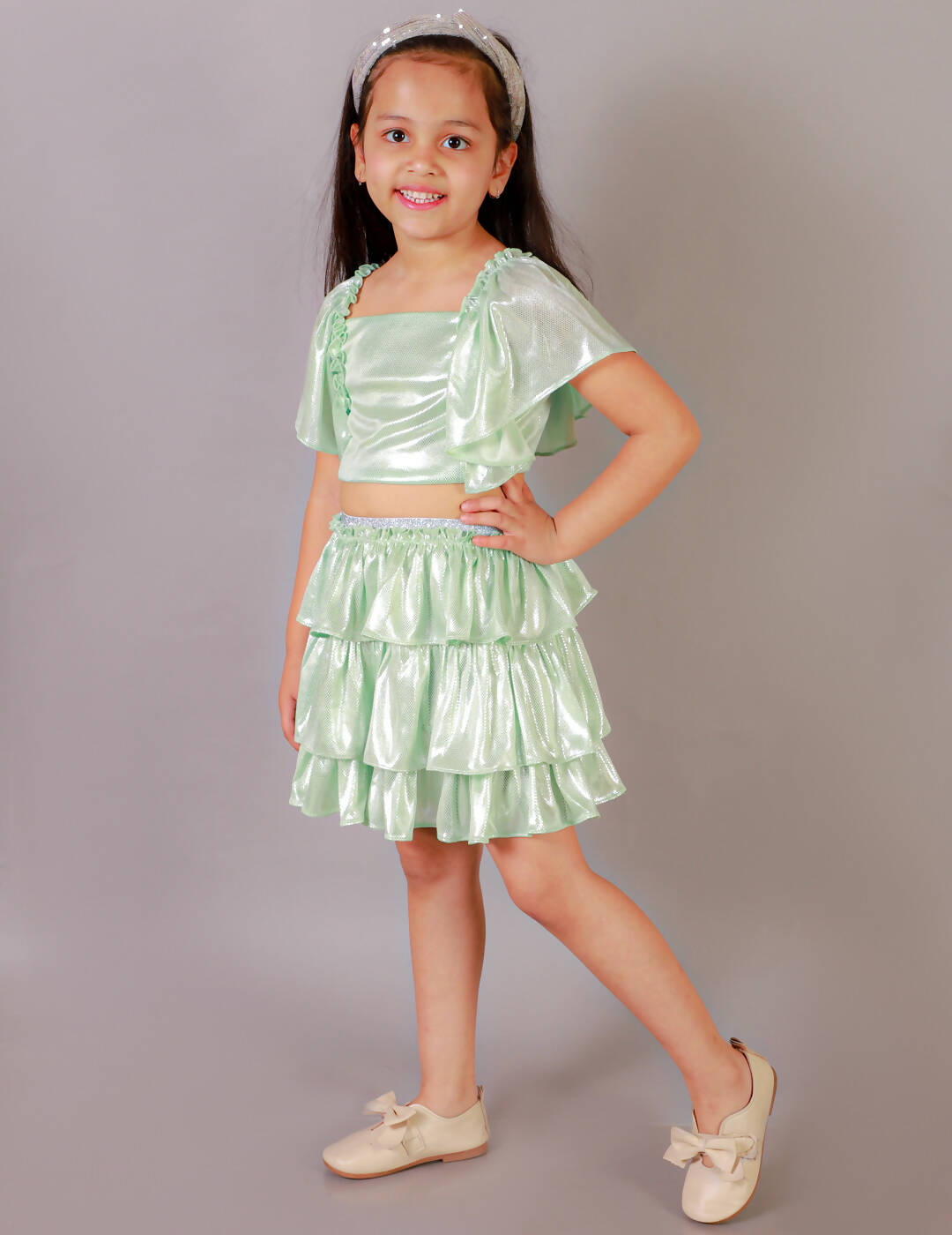 Lil Drama Girls Party Top With Skirt - Green - Distacart
