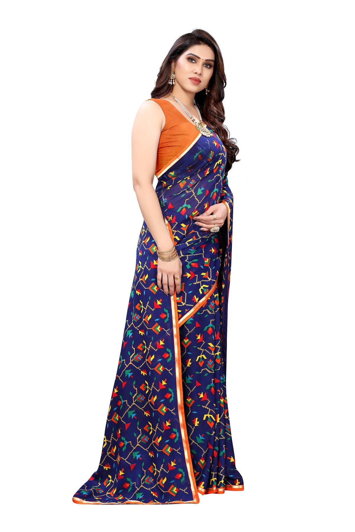 Vamika Ethnic Fire Blue Printed With Lace Saree - Distacart