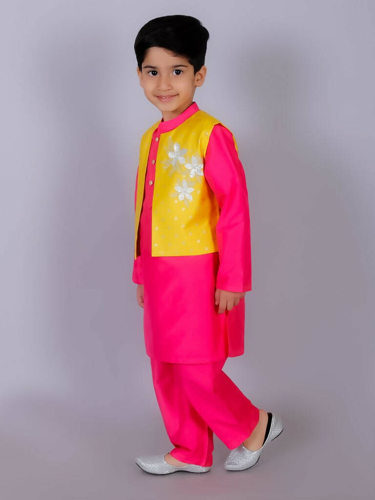 Lil Drama Ethnic Boys Pink Kurta with Pant and Jacket set - Distacart
