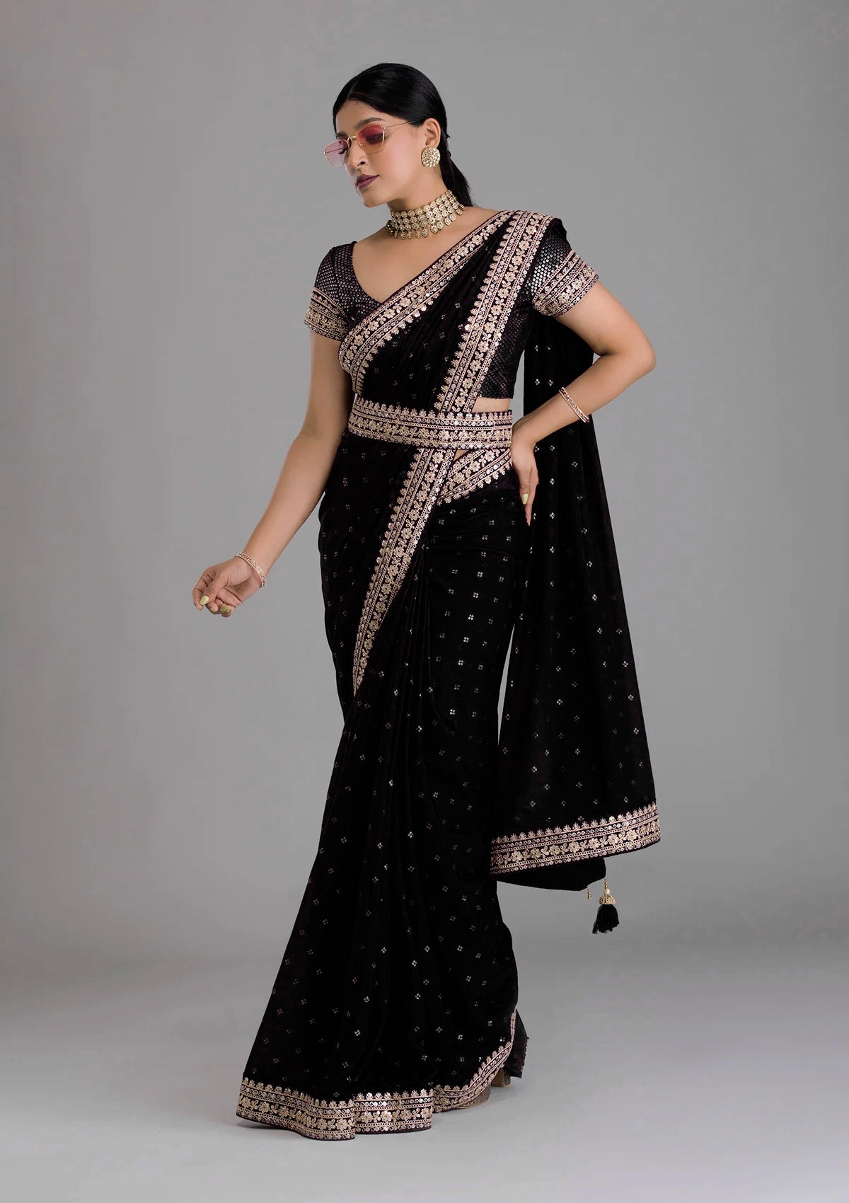 Vamika Black Chinon Zari Embroidery With Sequins Saree - Distacart