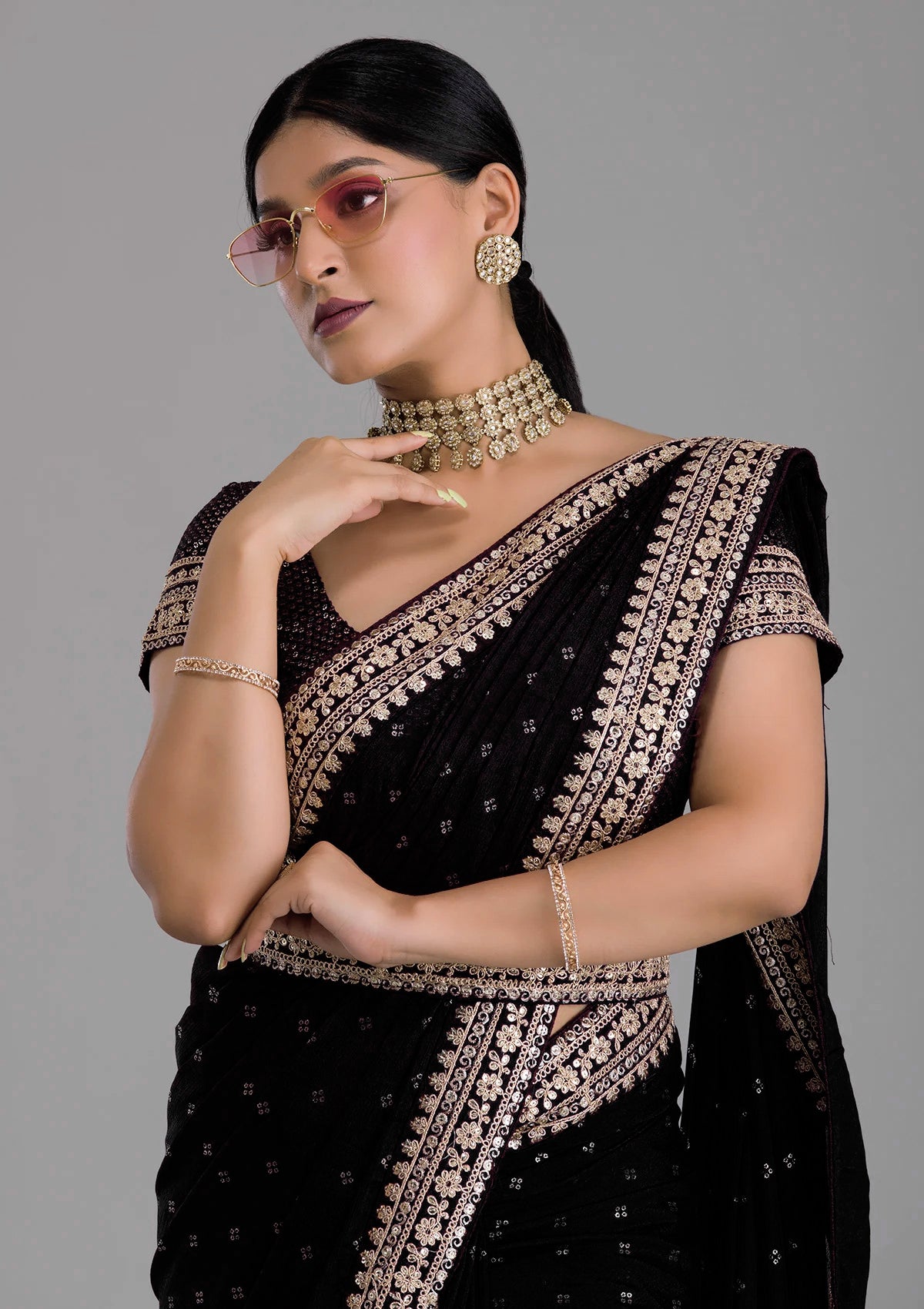 Vamika Black Chinon Zari Embroidery With Sequins Saree - Distacart