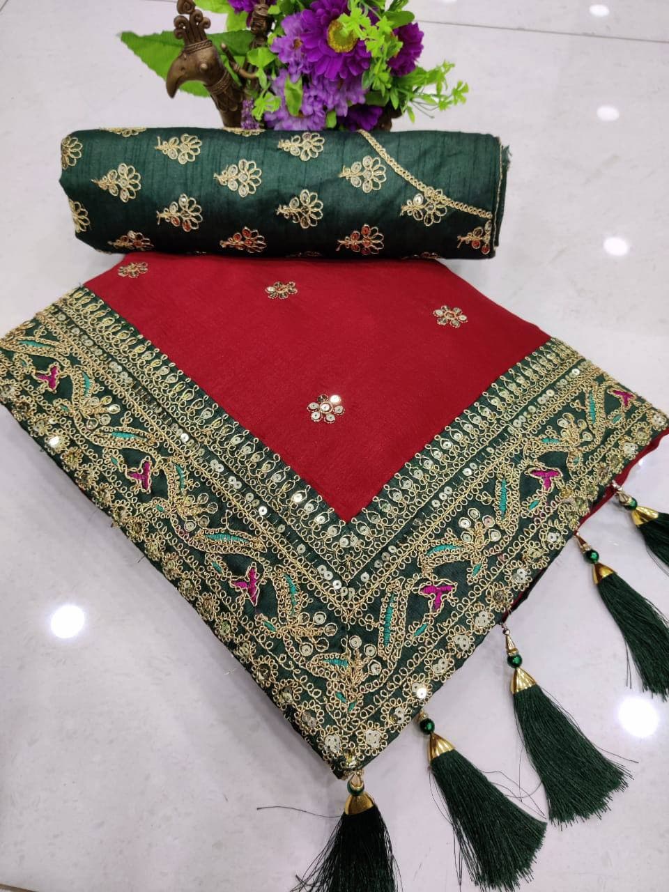 Vamika Red Royal Vichitra Silk Sequins,Coding And Thread Multi Work And Havy Work Border Saree - Distacart