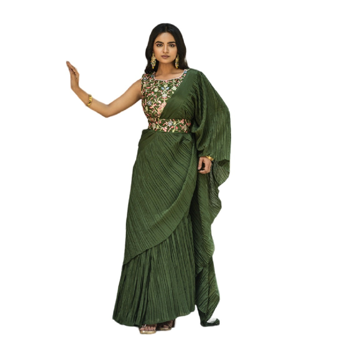 Vamika Olive Green Chinon Half Side Crush Work Saree - Distacart