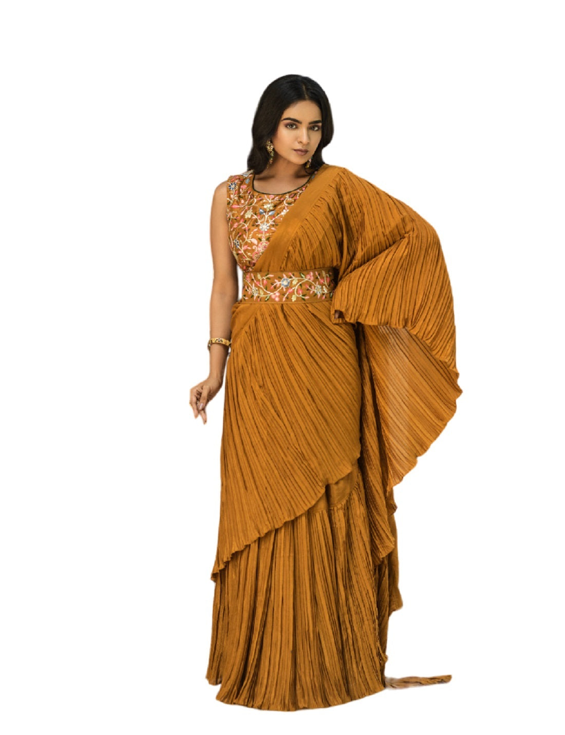 Vamika Mustard Chinon Half Side Crush Work Saree - Distacart