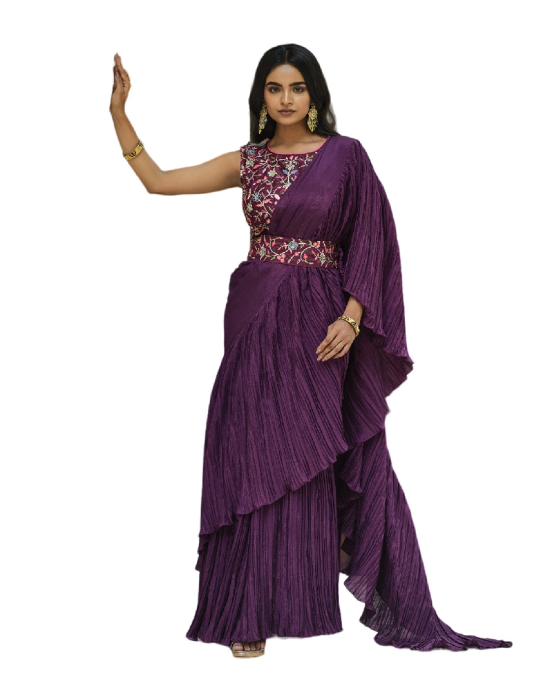 Vamika Purple Chinon Half Side Crush Work Saree - Distacart