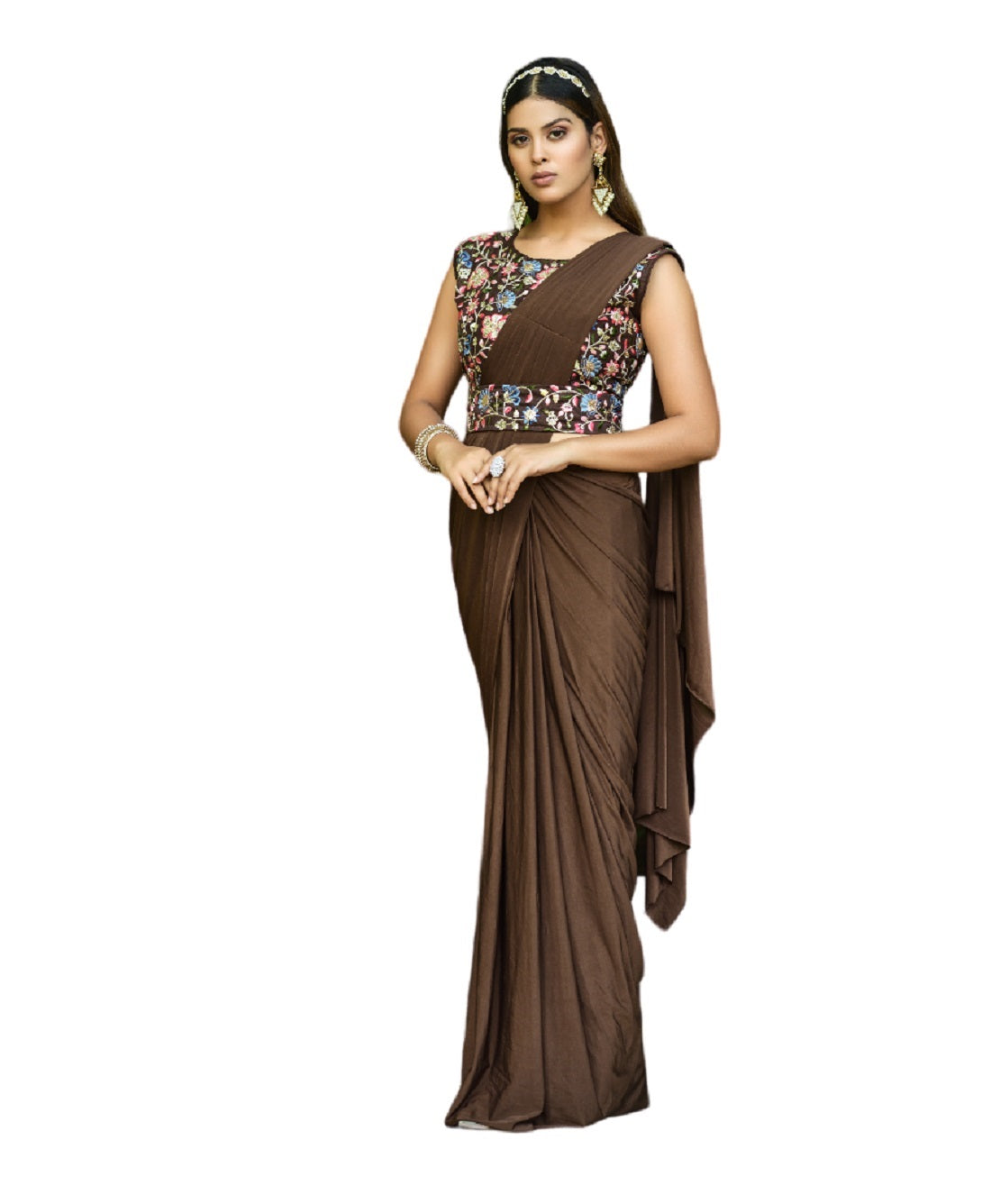 Vamika Brown Women Ready To Wear Lycra Saree With Heavy Multi Sequins Work Blouse - Distacart