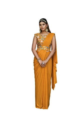 Vamika Mustard Women Ready To Wear Lycra Saree With Heavy Multi Sequins Work Blouse - Distacart