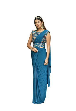 Vamika Sky Women Ready To Wear Lycra Saree With Heavy Multi Sequins Work Blouse - Distacart
