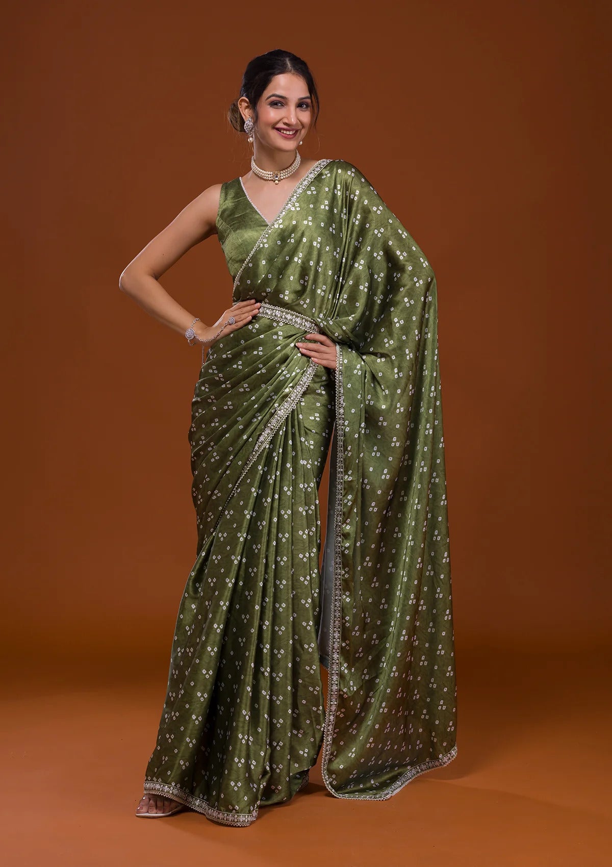 Vamika Olive Green Satin Sequins Embroidery Lace Saree - Distacart