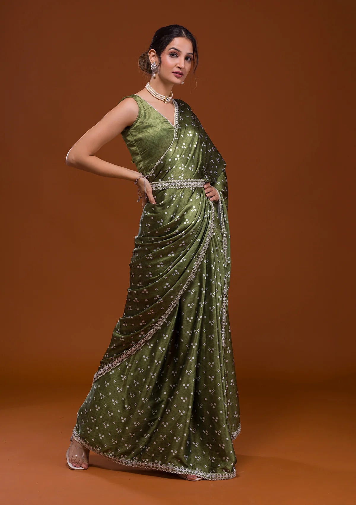 Vamika Olive Green Satin Sequins Embroidery Lace Saree - Distacart