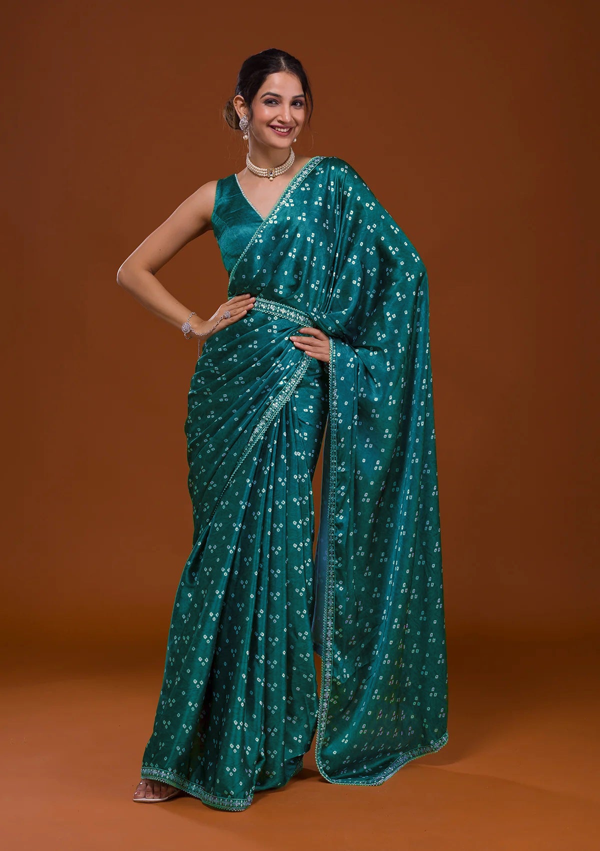 Vamika Aqua Blue Satin Sequins Embroidery Lace Saree - Distacart
