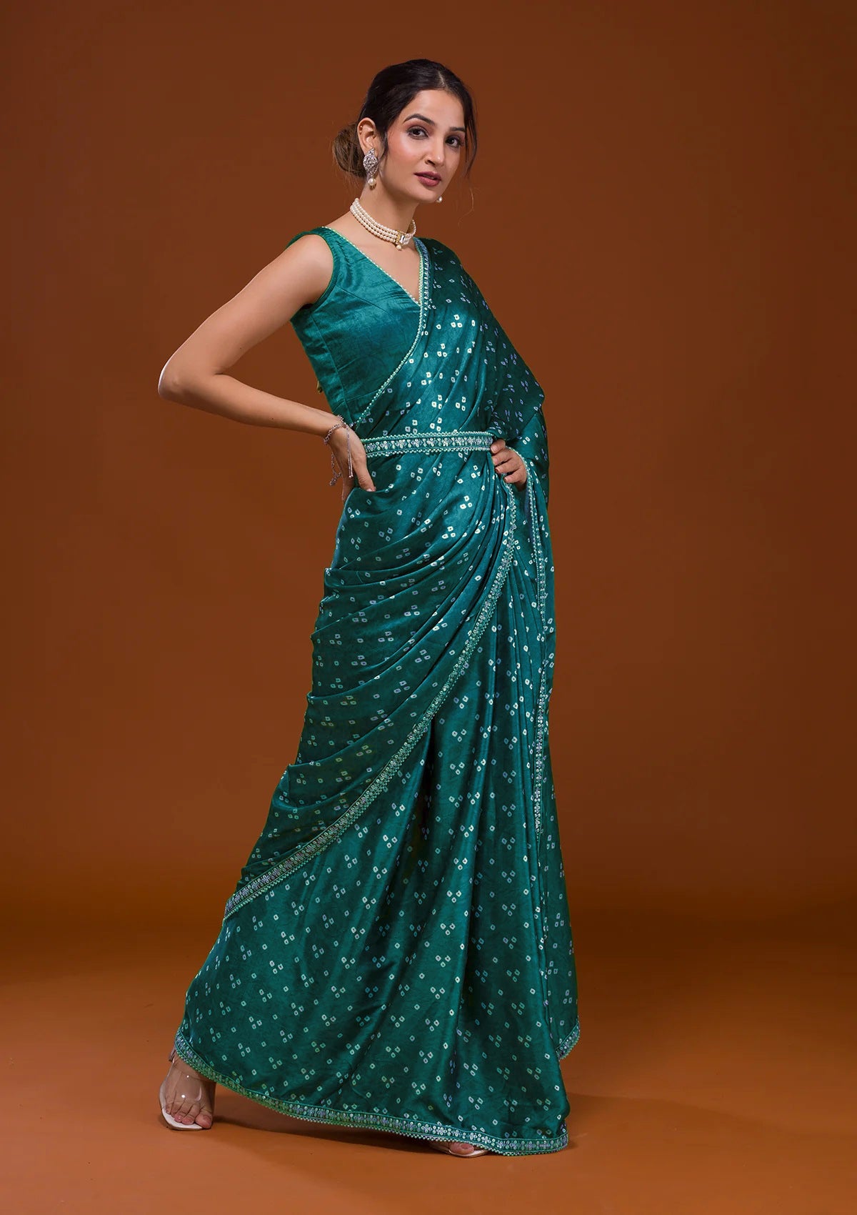 Vamika Aqua Blue Satin Sequins Embroidery Lace Saree - Distacart