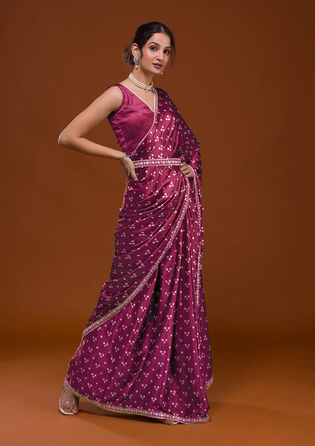 Vamika Pink Satin Sequins Embroidery Lace Saree - Distacart