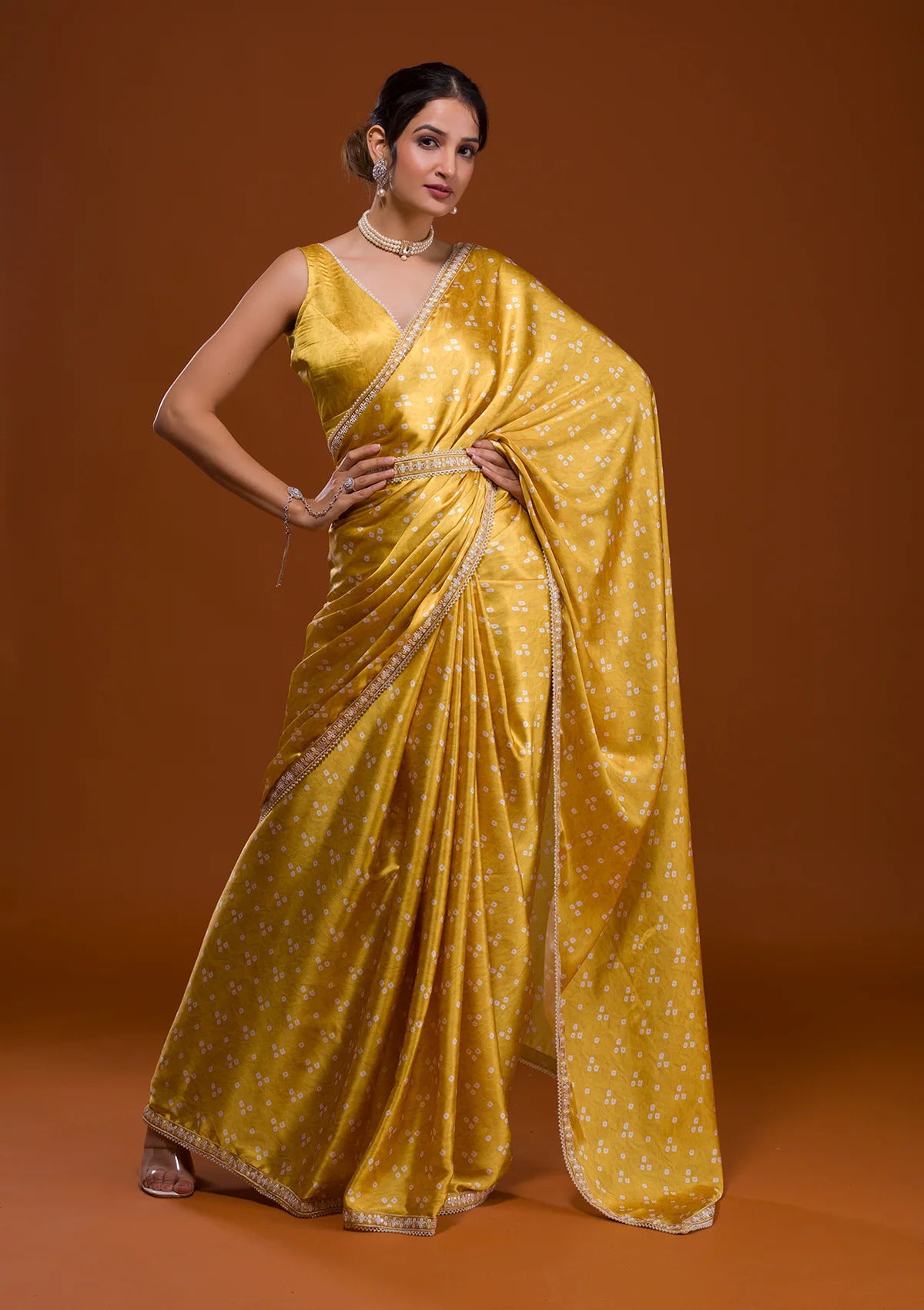 Vamika Yellow Satin Sequins Embroidery Lace Saree - Distacart