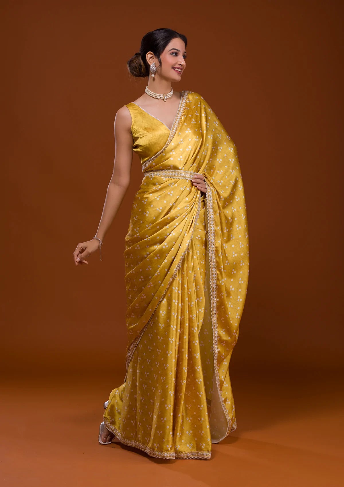 Vamika Yellow Satin Sequins Embroidery Lace Saree - Distacart