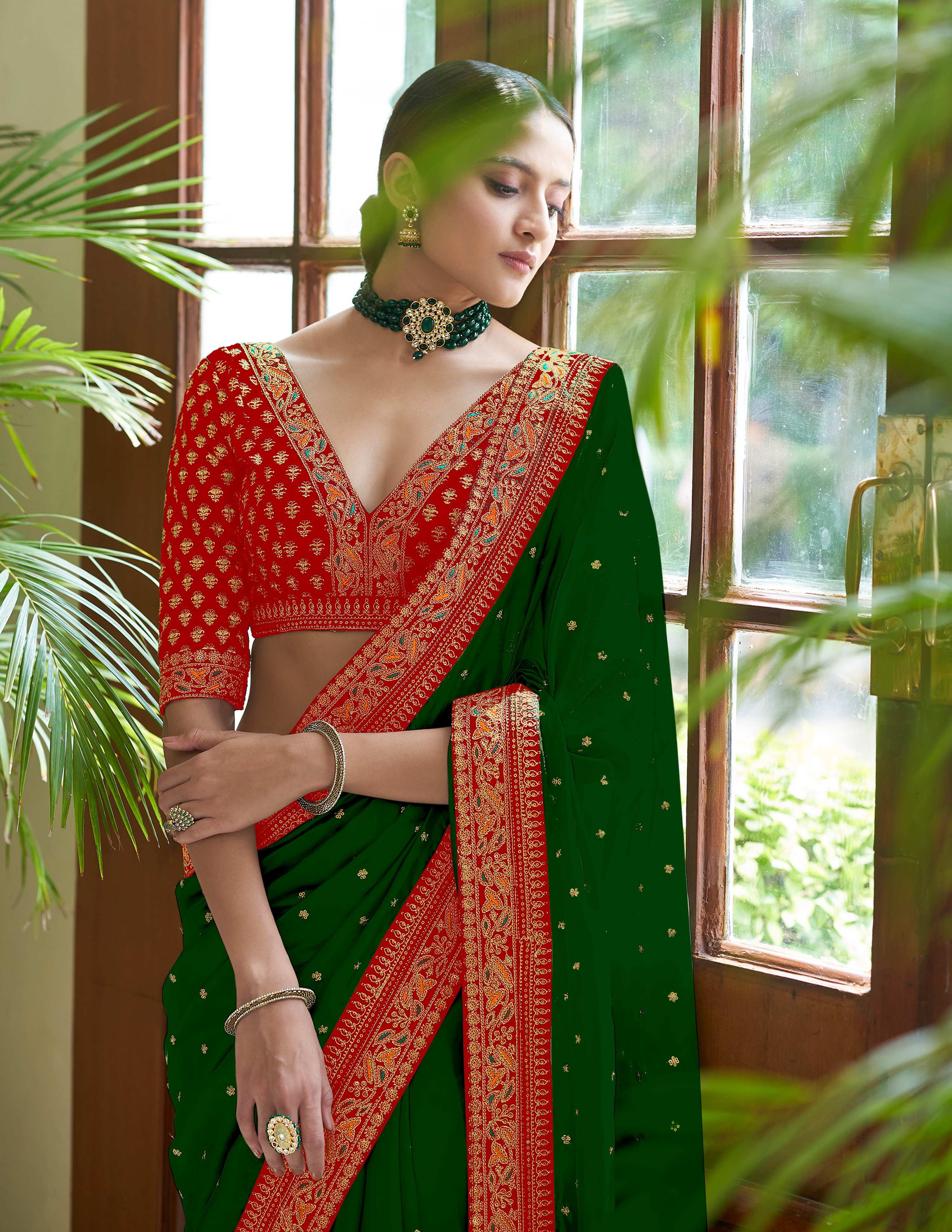 Vamika Green Royal Vichitra Silk Sequins,Coding And Thread Multi Work And Havy Work Border Saree - Distacart