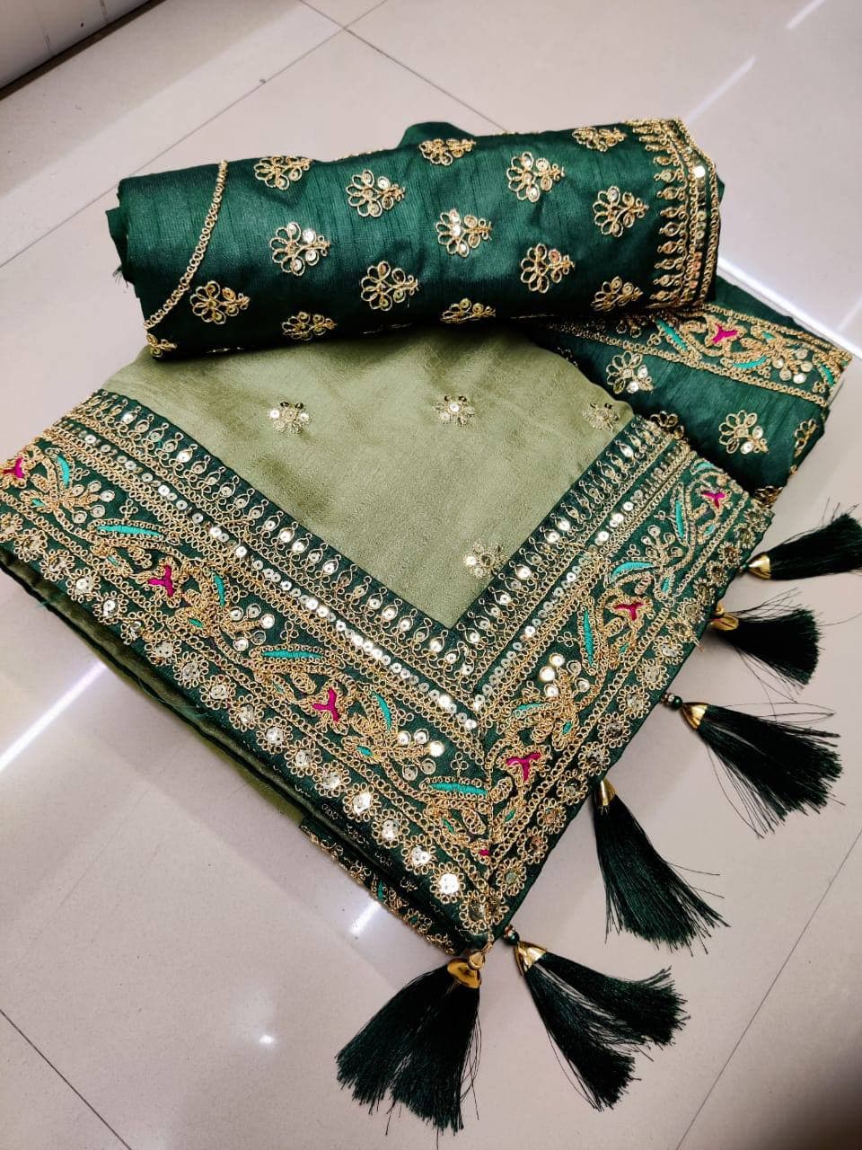 Vamika Olive Green Royal Vichitra Silk Sequins,Coding And Thread Multi Work And Havy Work Border Saree - Distacart