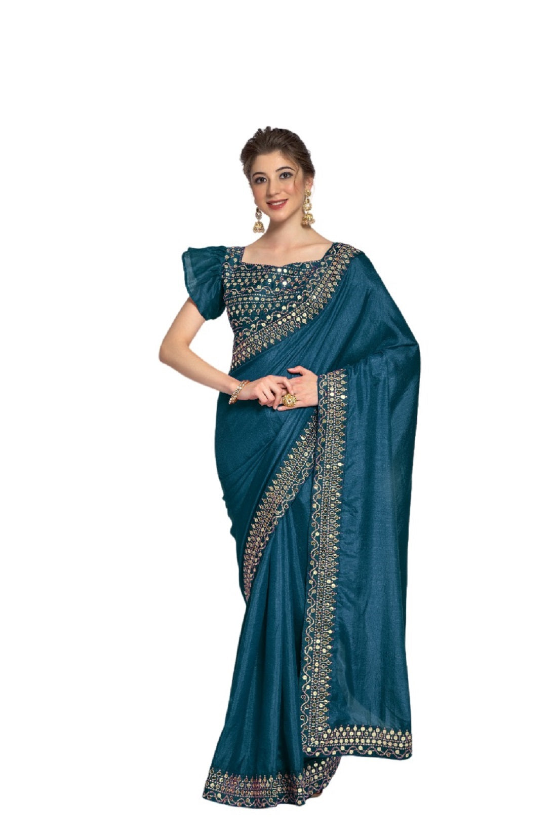 Vamika Aqua Blue Bengalori Silk Embroidery With Sequence Work Saree - Distacart