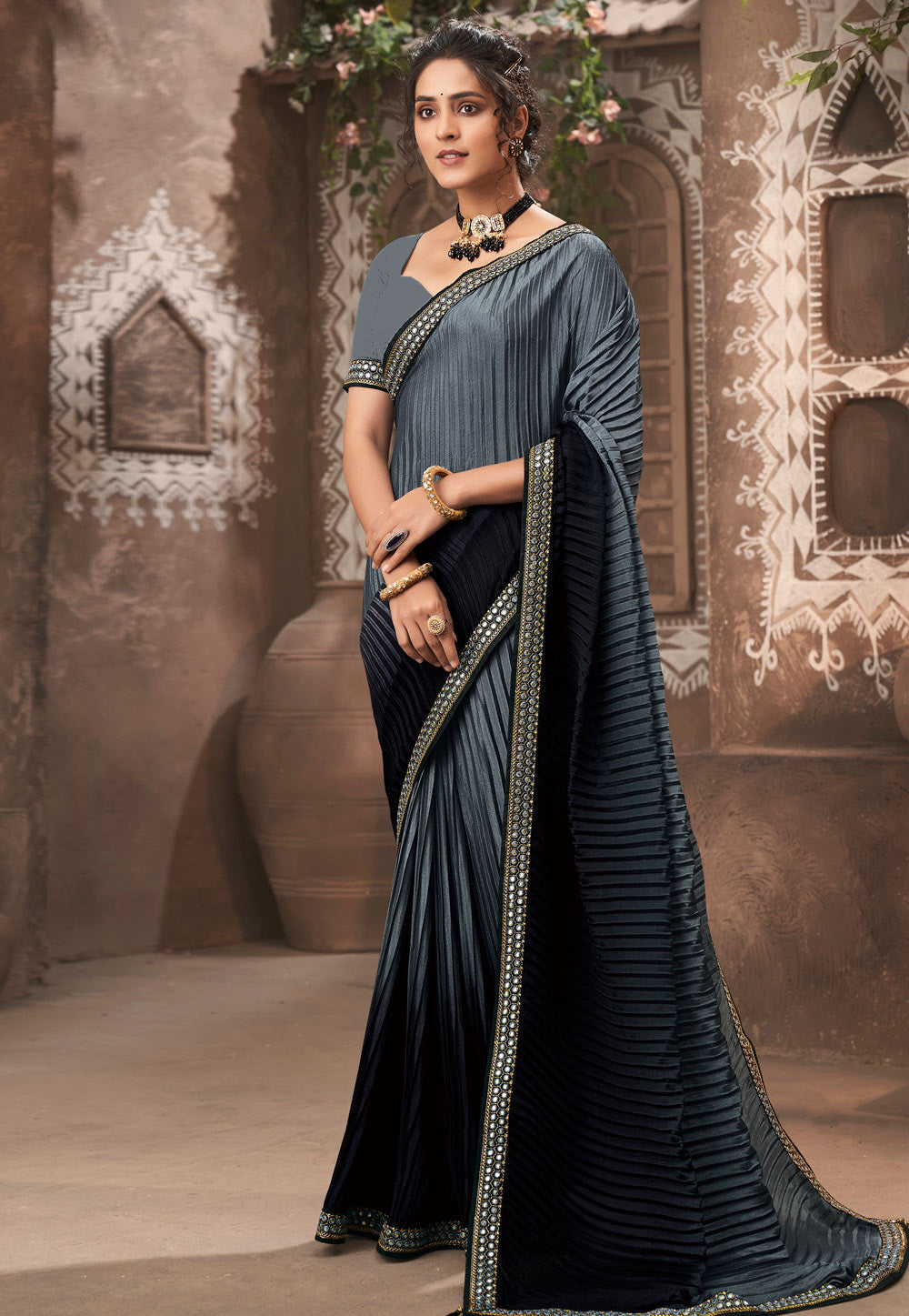 Vamika Grey Chinon Heavy Embroidery Mirror Kari Lace Work & Crush Saree - Distacart