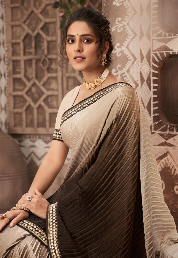 Vamika Beige Chinon Heavy Embroidery Mirror Kari Lace Work & Crush Saree - Distacart