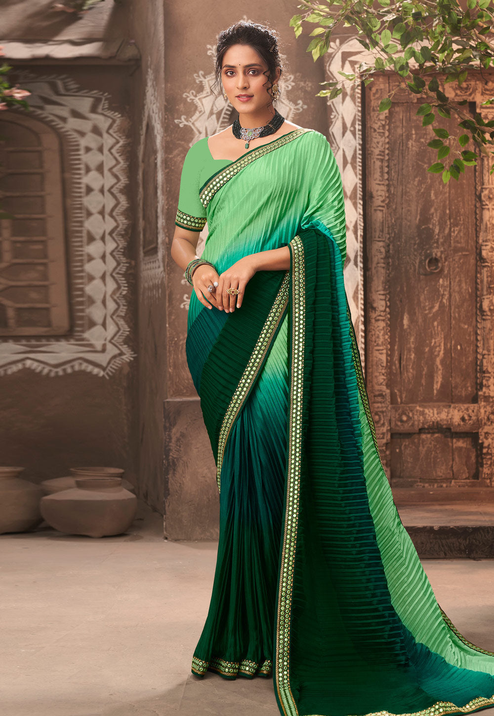 Vamika Light Green Chinon Heavy Embroidery Mirror Kari Lace Work & Crush Saree - Distacart