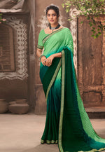 Thumbnail for Vamika Light Green Chinon Heavy Embroidery Mirror Kari Lace Work & Crush Saree - Distacart