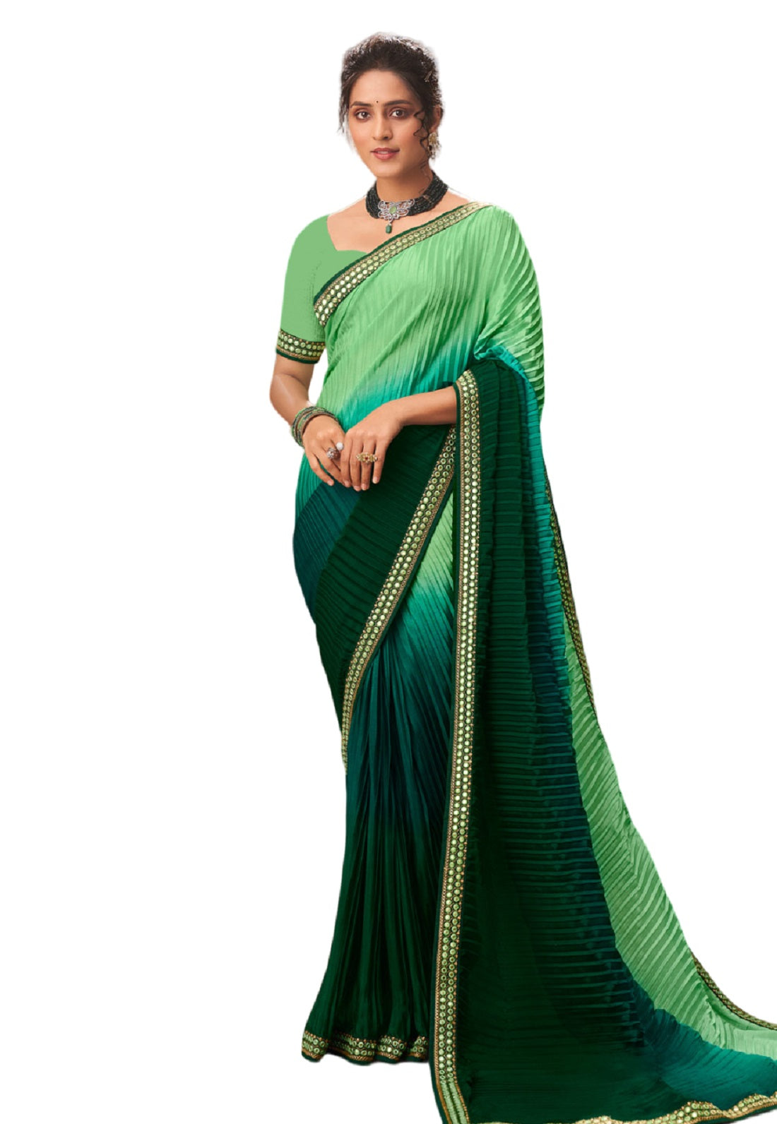 Vamika Light Green Chinon Heavy Embroidery Mirror Kari Lace Work & Crush Saree - Distacart