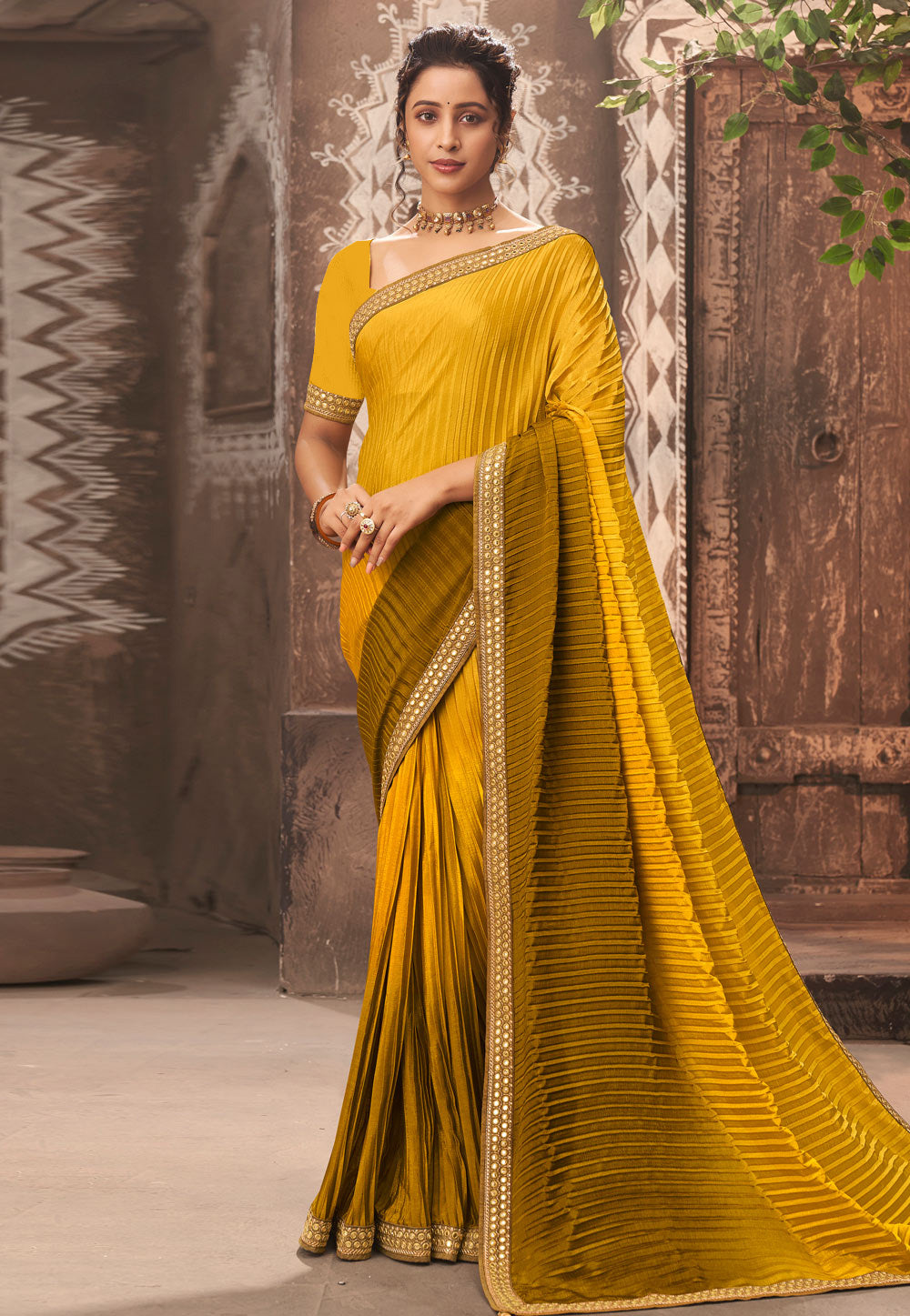 Vamika Yellow Chinon Heavy Embroidery Mirror Kari Lace Work & Crush Saree - Distacart