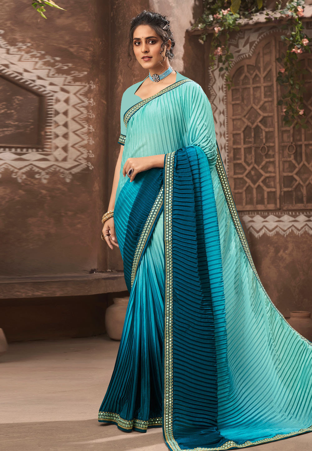 Vamika Sky Blue Chinon Heavy Embroidery Mirror Kari Lace Work & Crush Saree - Distacart