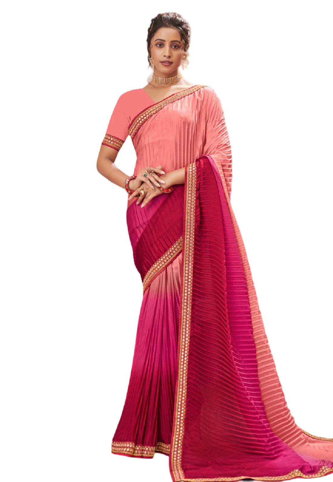 Vamika Light Pink Chinon Heavy Embroidery Mirror Kari Lace Work & Crush Saree - Distacart