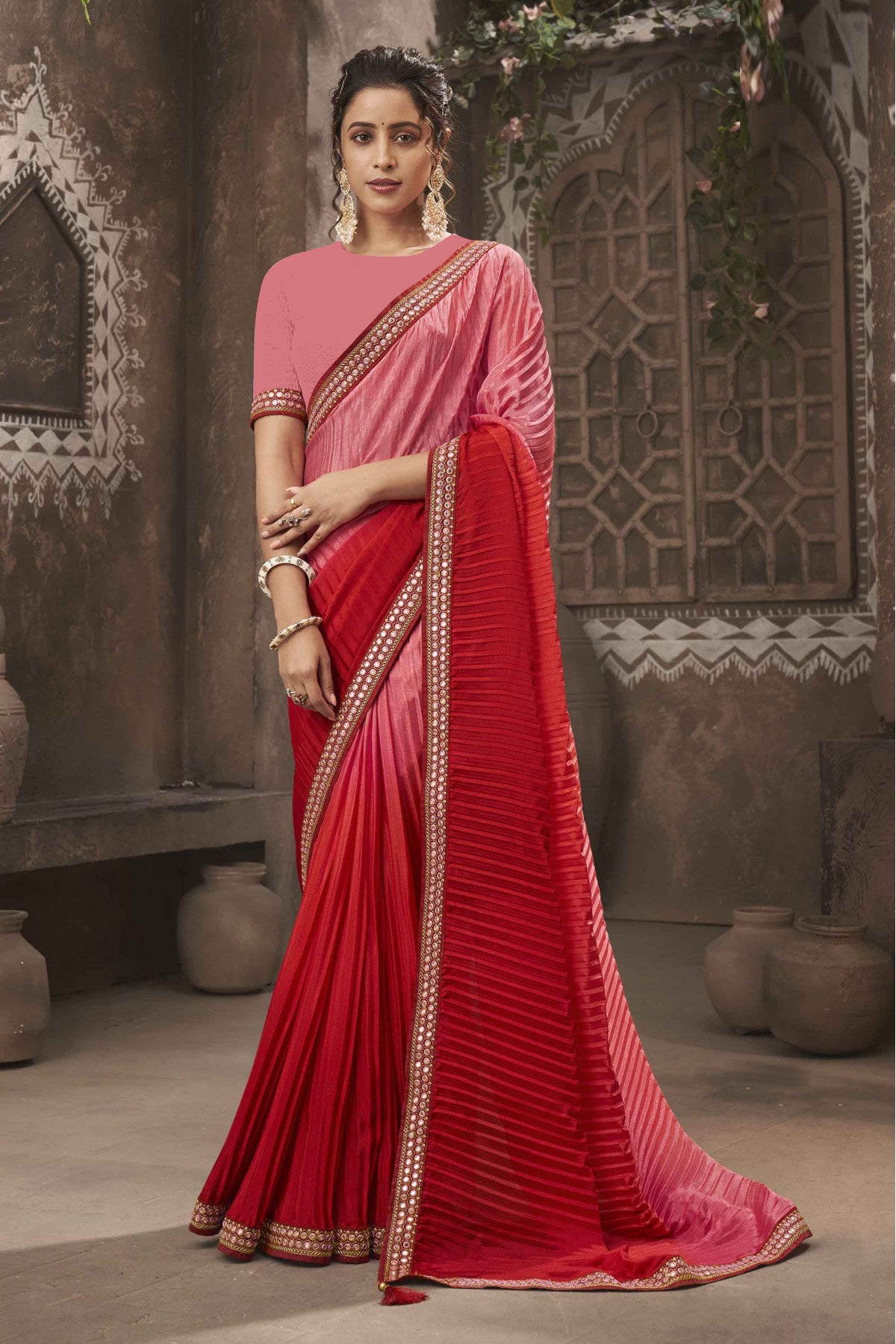 Vamika Pink Chinon Heavy Embroidery Mirror Kari Lace Work & Crush Saree - Distacart