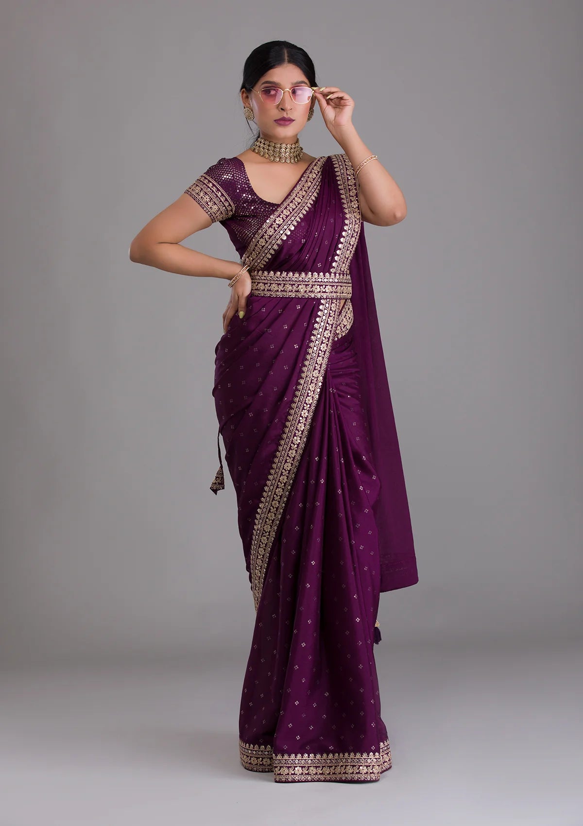 Vamika Purple Chinon Zari Embroidery With Sequins Saree - Distacart