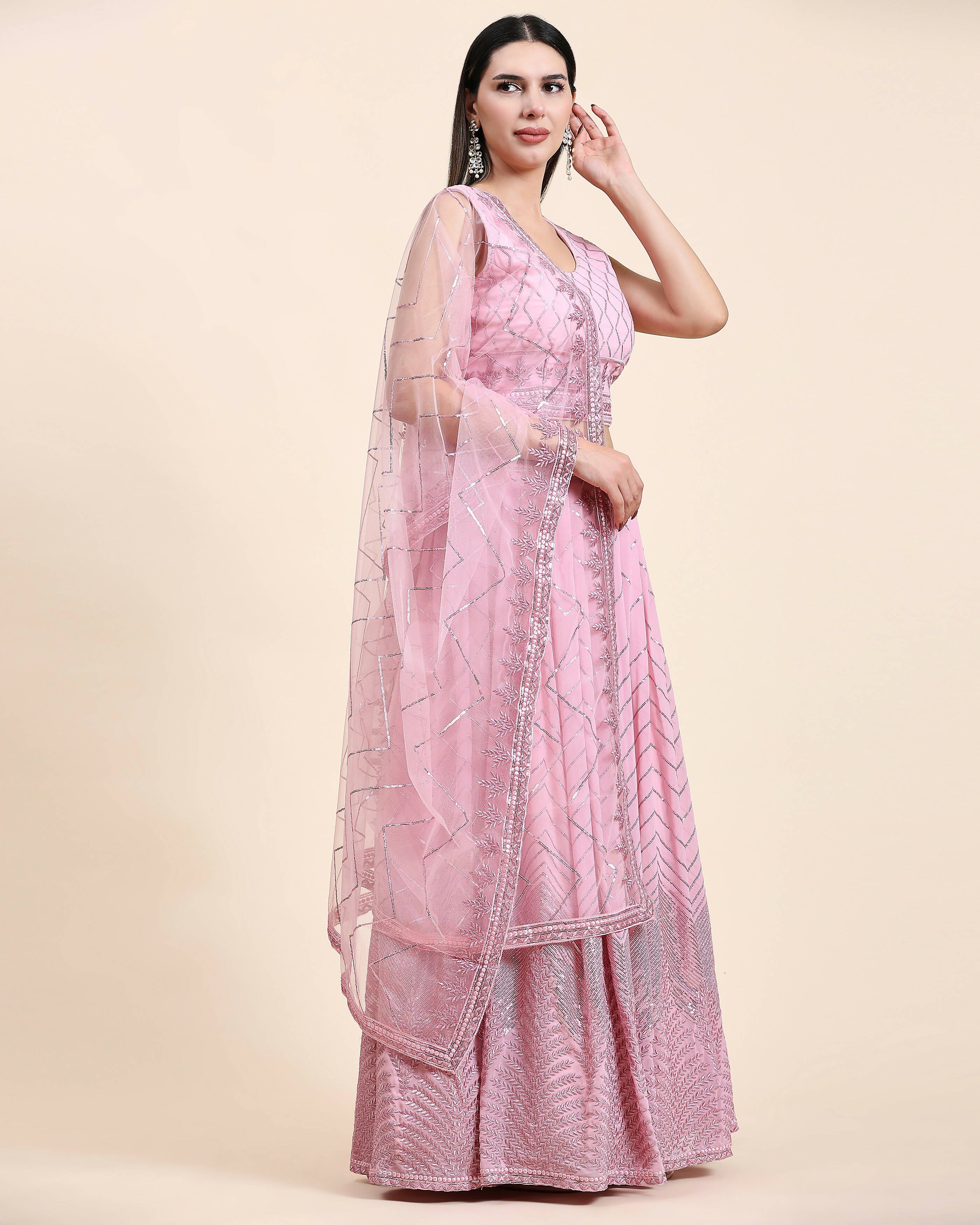 Pink Pure Viscose Georgette Sequence Embroidery work Lehenga Choli with Dupatta - Aakriti - Distacart