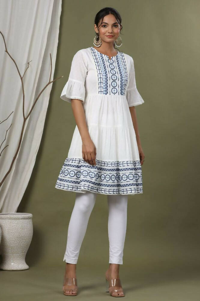 Juniper Sky Blue Cotton Dobby Festive Embroidered Tiered Dress For Women - Distacart