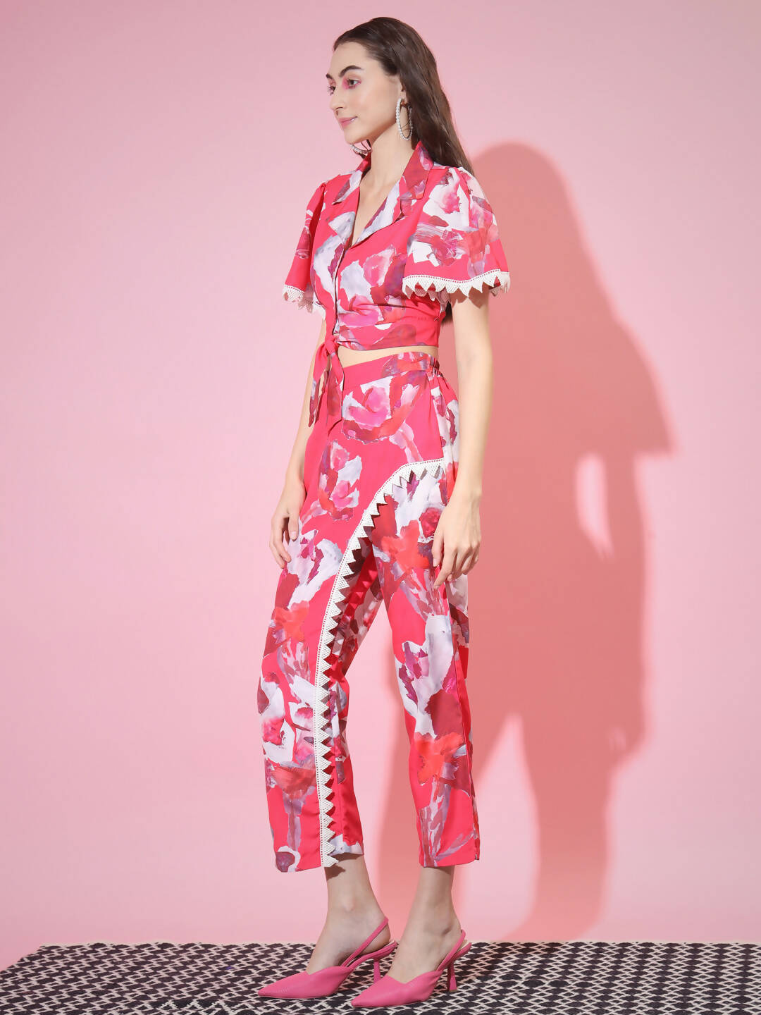 Myshka Women's Pink Shawl Neck Top With Trousers - Distacart