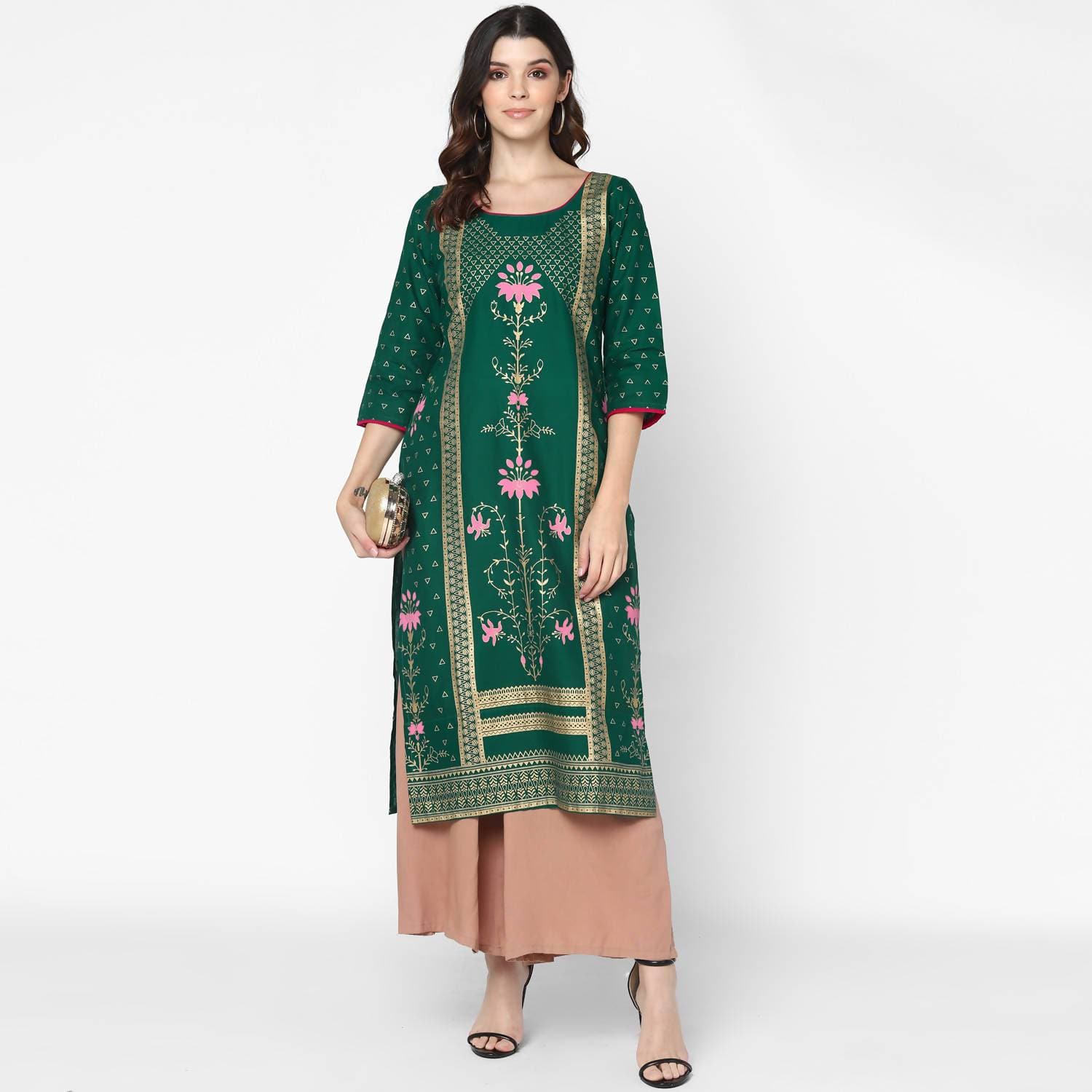 Cheera Hand Block Print Green & Skin Color Straight Kurta With Palazzo (MAAI-089K)