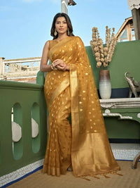 Thumbnail for Delightful Designer Light Yellow Color Organza Silk Saree With Weaving Work - Yomika Fashions - Distacart