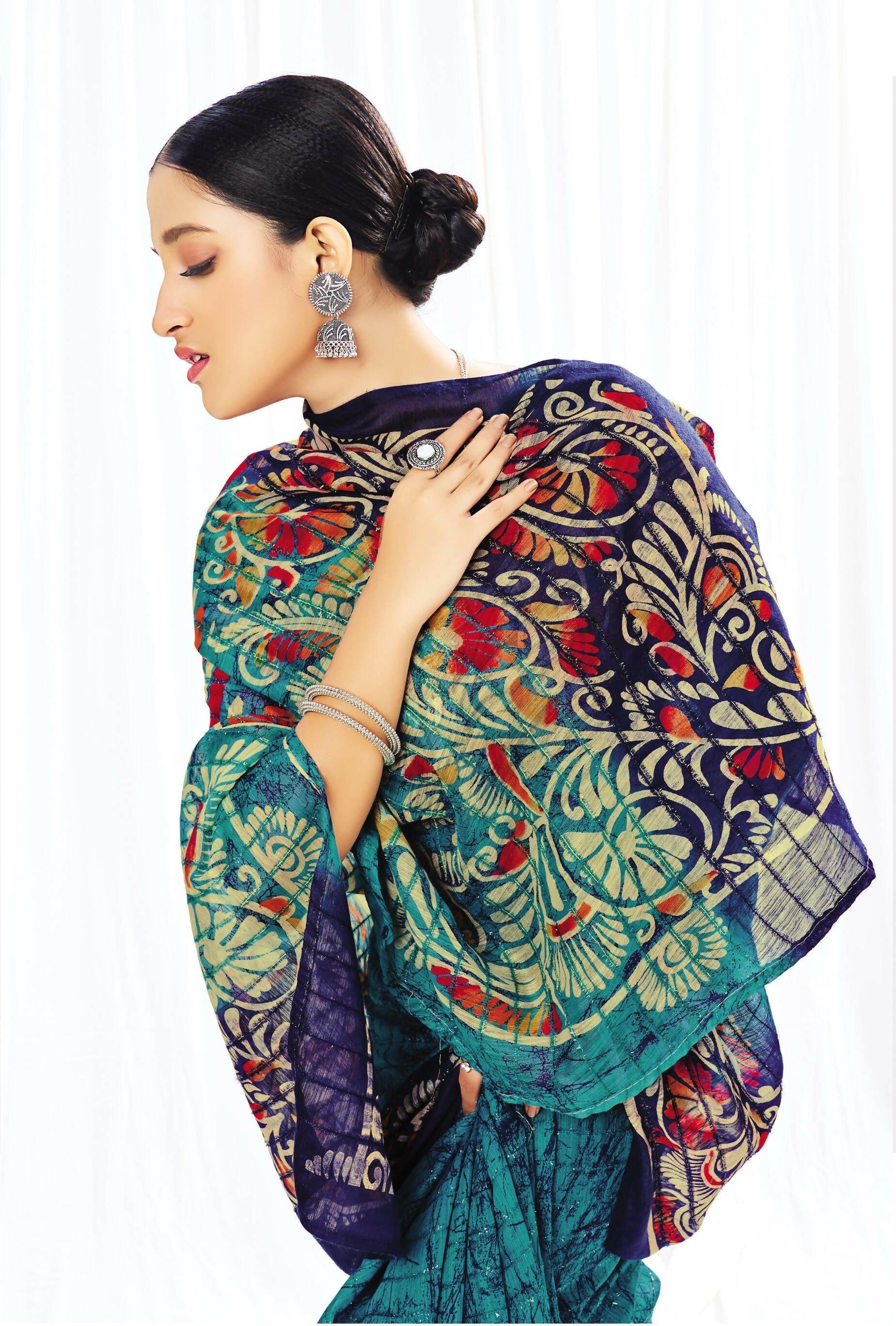 Blue Chanderi Cotton Floral Printed Saree With Unstitched Blouse Piece - Kathika - Distacart