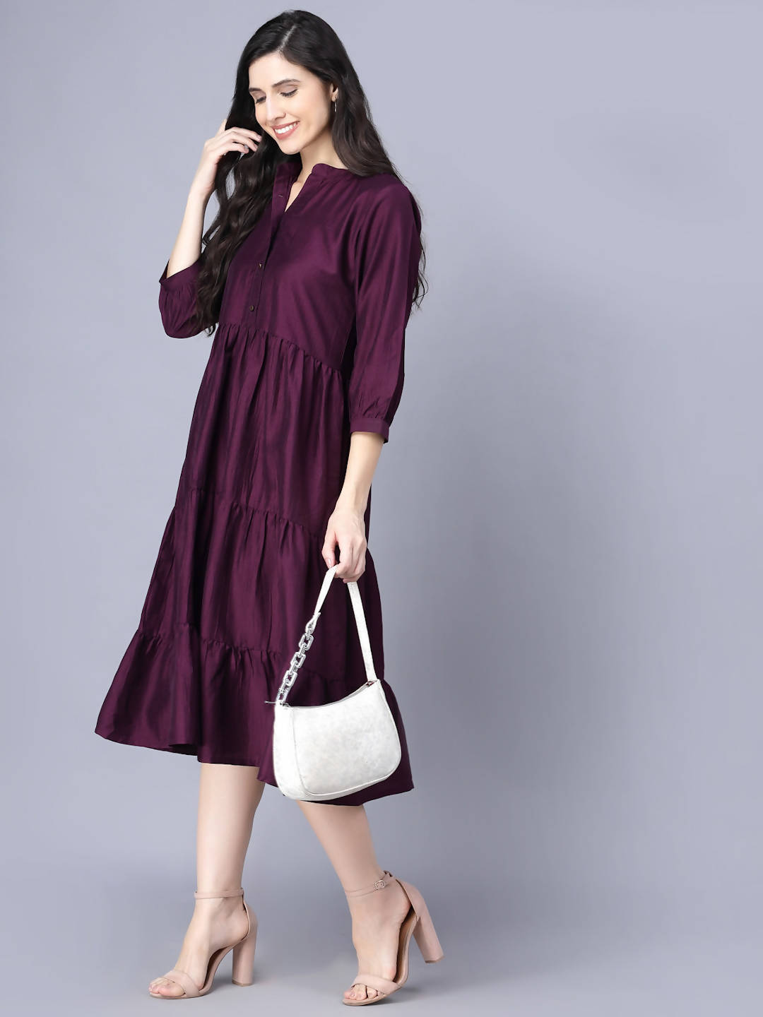 Myshka Silk Solid 3/4 Sleeve V Neck Purple Women Dress - Distacart