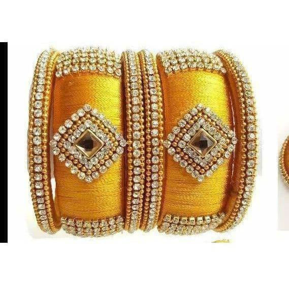 Yellow Color Silk Threaded with Diamond shape White Stone Bangles - Distacart