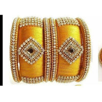 Thumbnail for Yellow Color Silk Threaded with Diamond shape White Stone Bangles - Distacart