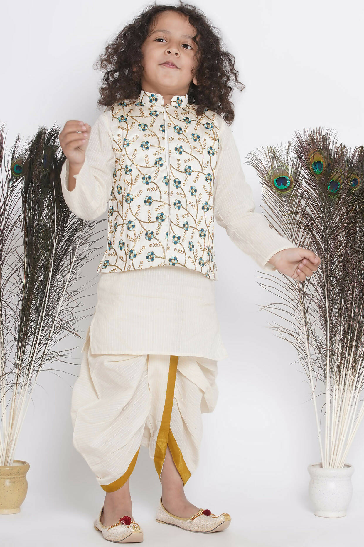 Little Bansi Banarsi Silk Blue Floral Embroidery Jacket With Cotton Kantha kurta And Kantha Dhoti - Cream - Distacart