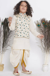 Thumbnail for Little Bansi Banarsi Silk Blue Floral Embroidery Jacket With Cotton Kantha kurta And Kantha Dhoti - Cream - Distacart
