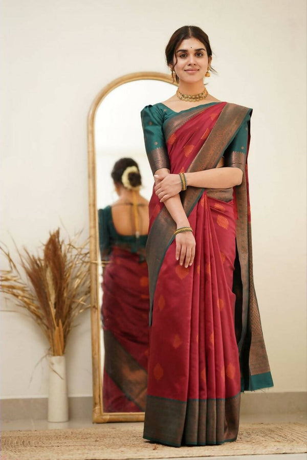 DEIANA'S Beautiful Golden Jari with New Design Soft Lichi Silk Saree - Maroon - Distacart