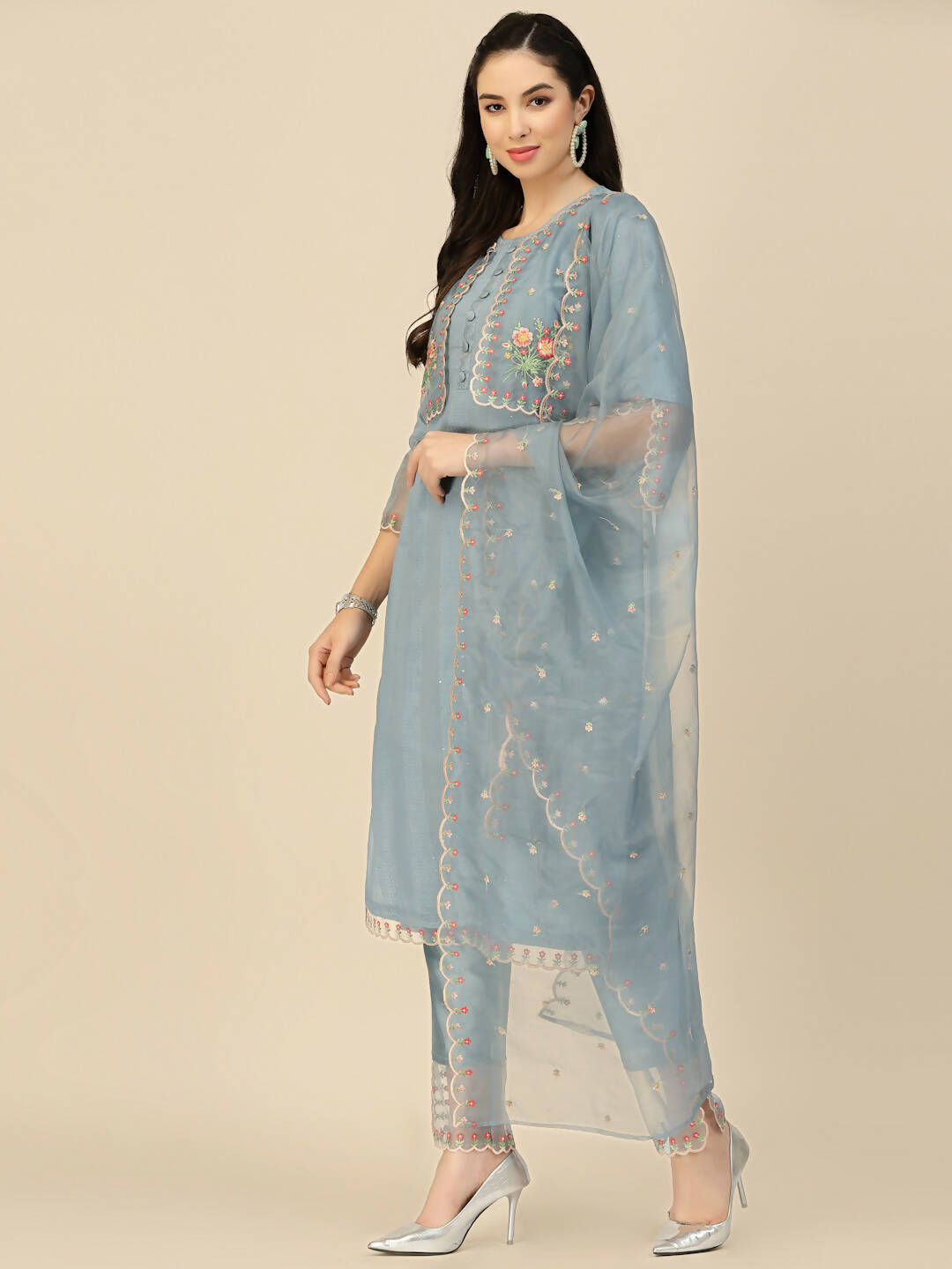 Sky Blue Embroidered Chinon Straight Kurta With Trouser & Dupatta - Salimar - Distacart