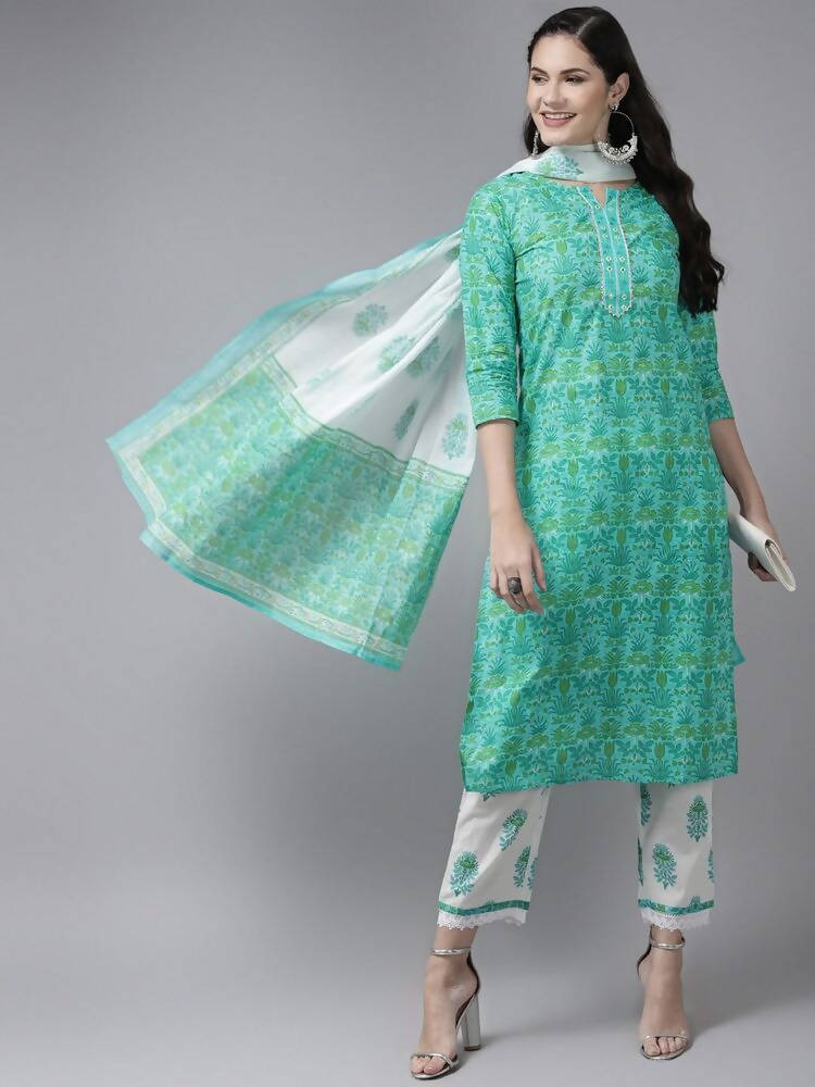 Yufta Green & White Ethnic Motifs Printed Mirror Work Kurta with Palazzo & Dupatta