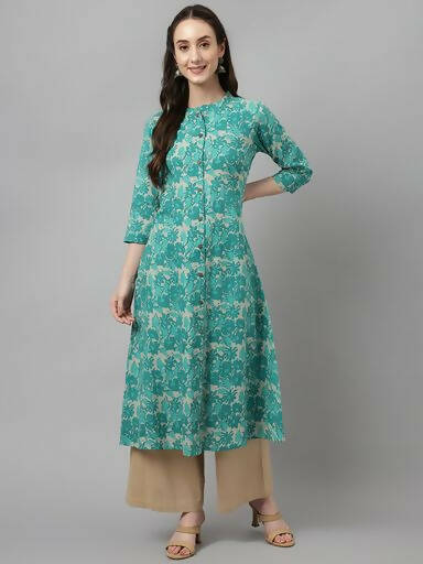 FIORRA Women's Floral Printed Teal Green Pure Cotton Straight Kurta - Distacart